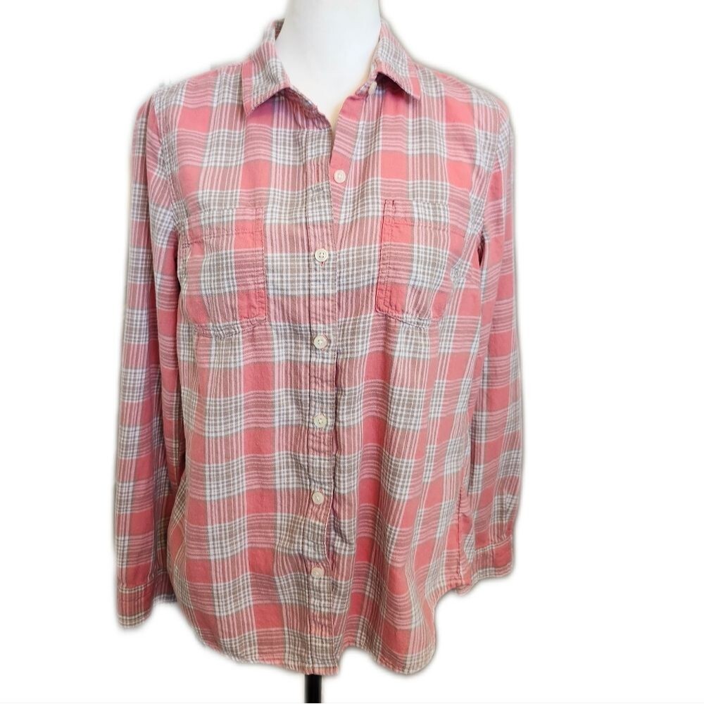 Old Navy 100% Cotton Soft Red (Peach & Taupe) Plaid Flannel Shirt, M